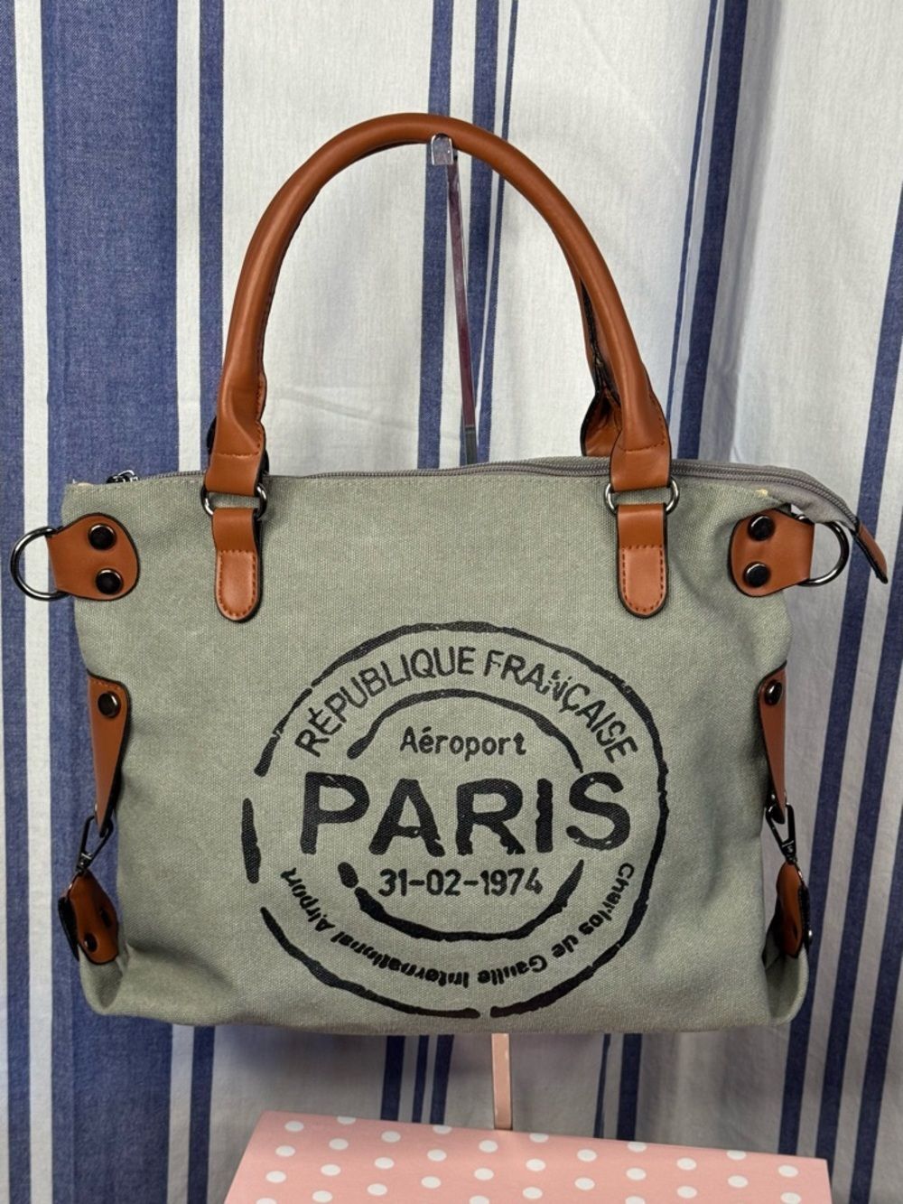Paris Republique Stamped Gray Canvas Messenger Bag